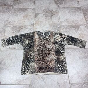 Chicos Velvet Burnout Rhinestone Top Womens 2 Large Animal Print 3/4 Sleeve Boho